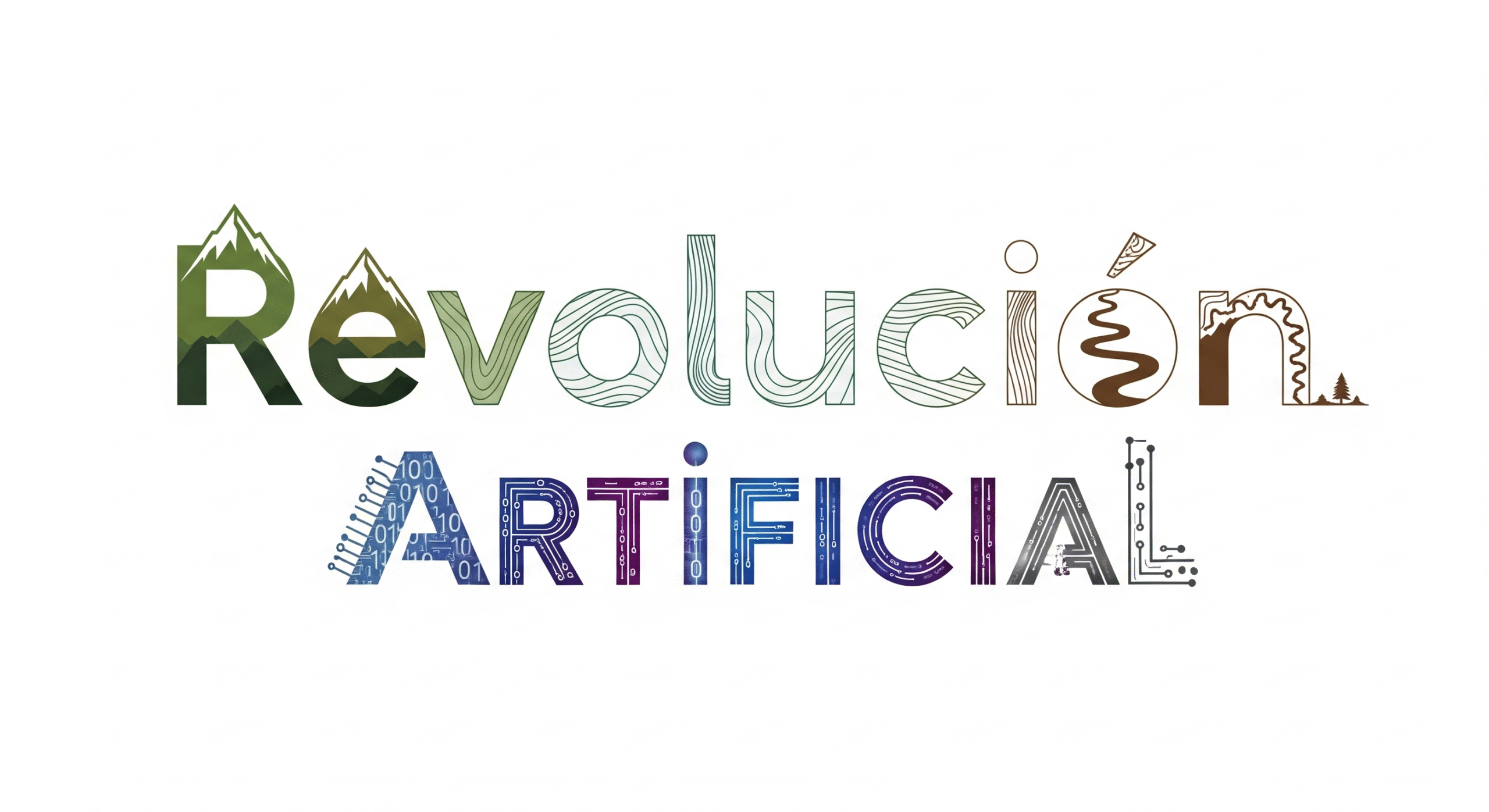 Logo de blog "Revolución Artificial", un diseño tipográfico que fusiona elementos modernos de Inteligencia Artificial y senderismo.